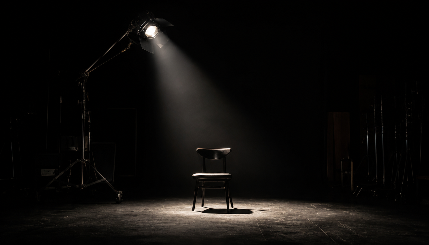 Set de rodaje con silla iluminada por un foco cinematográfico sobre fondo negro